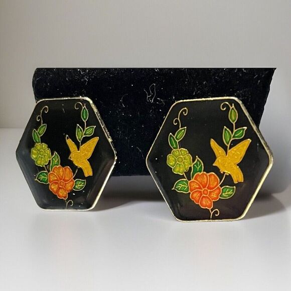 Vintage Cloisonné Bird Clip On Earrings Retro Bird Lovers Gold Tone Hexagon - Picture 4 of 10
